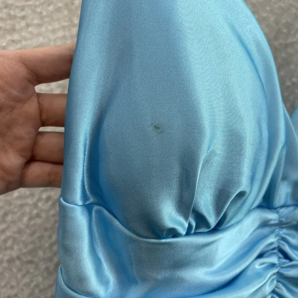 Y2K 2000s Baby Blue Satin Layer Open Back Halter Cinderella Fairy Mini Dress 4 S - Picture 6 of 8